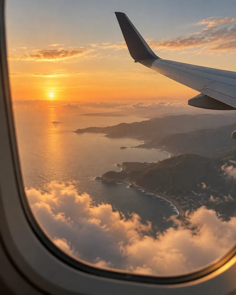 Sunset over a coastline seen from an aeroplane window